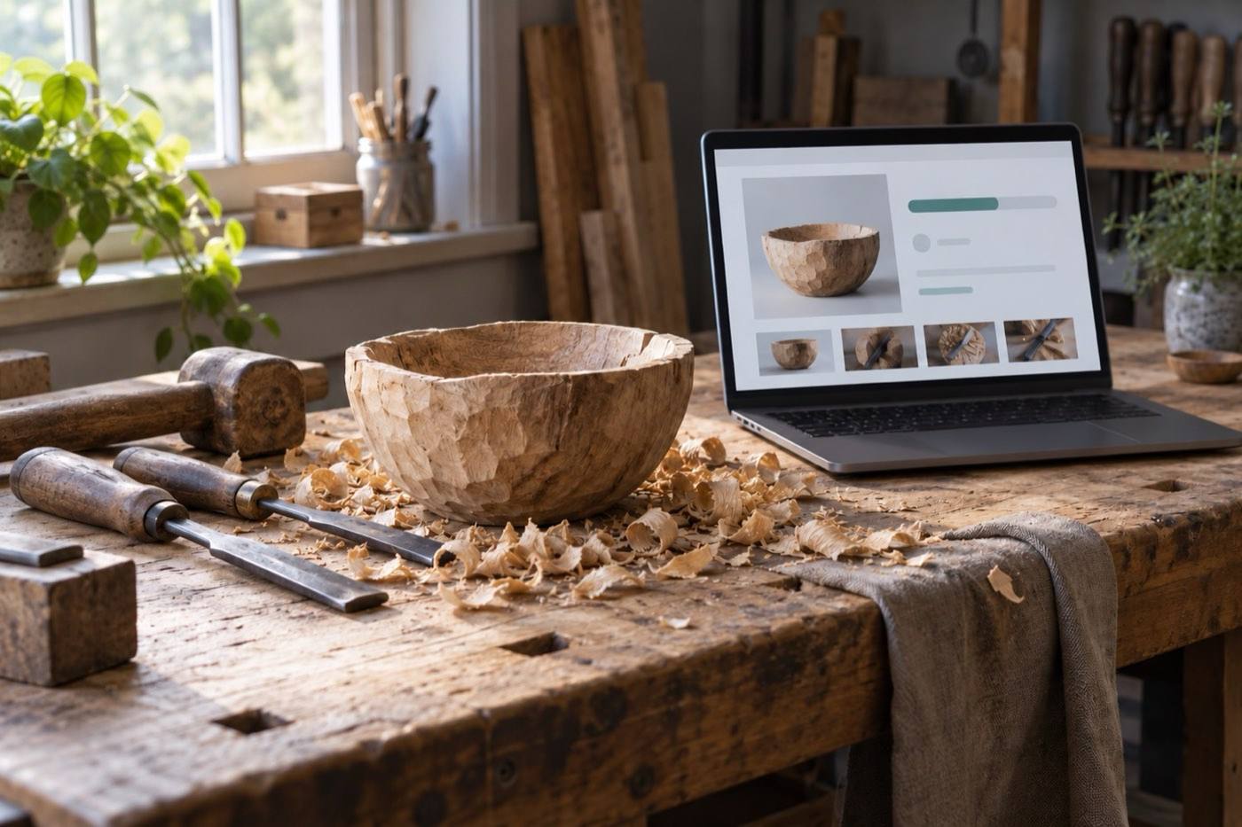 A woodworker&rsquo;s bench with a hand-turned bowl and shavings, beside a laptop showing the listing for it.