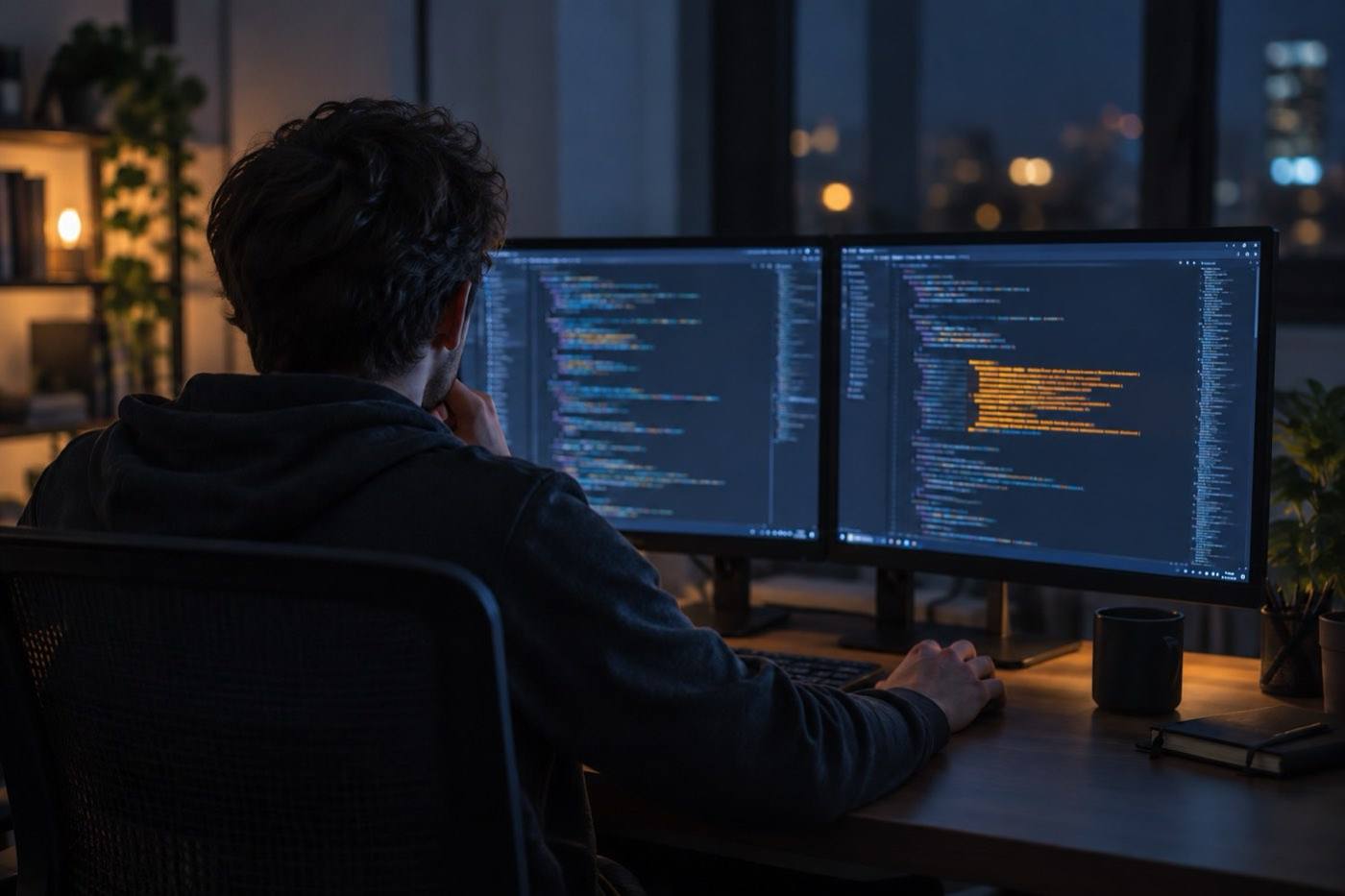 An isometric illustration of people inspecting code on a laptop with a magnifying glass over a flagged defect.