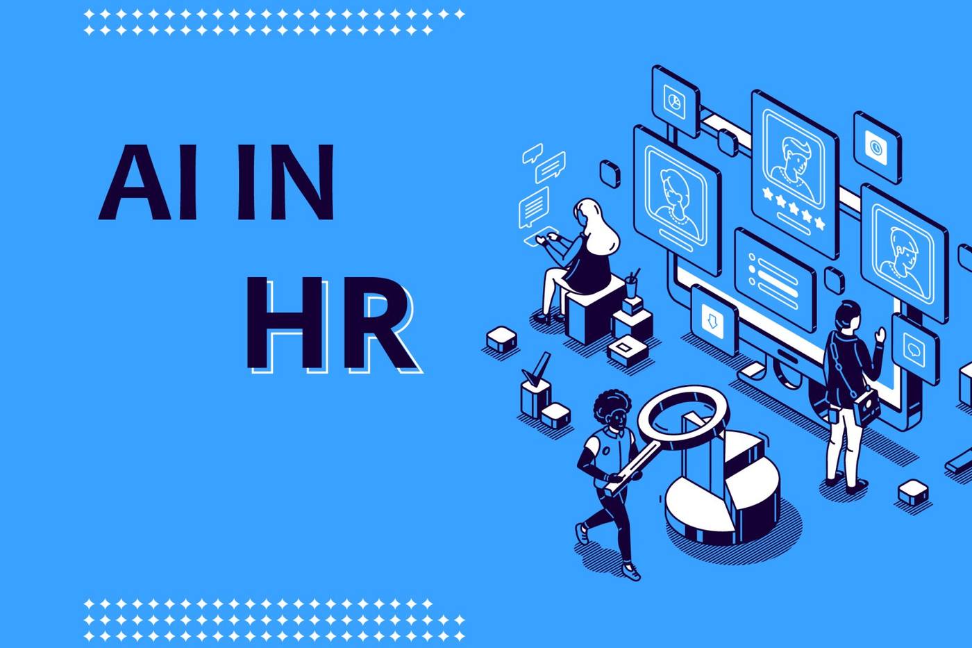 An isometric illustration titled AI in HR: candidate profiles on screens, a magnifying glass and a chart, being worked through by two people.