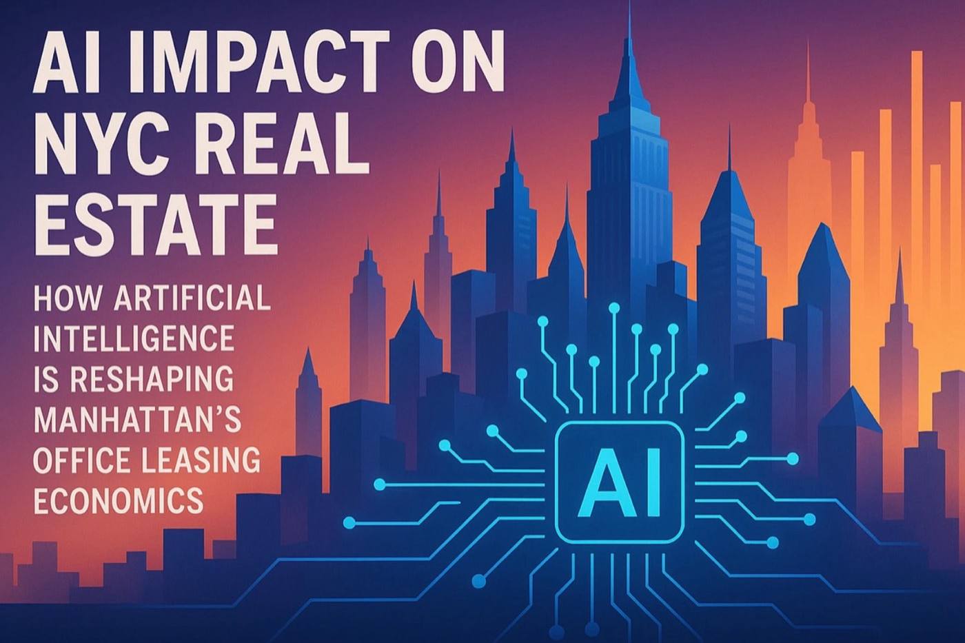 A poster reading AI impact on NYC real estate over a stylised Manhattan skyline.