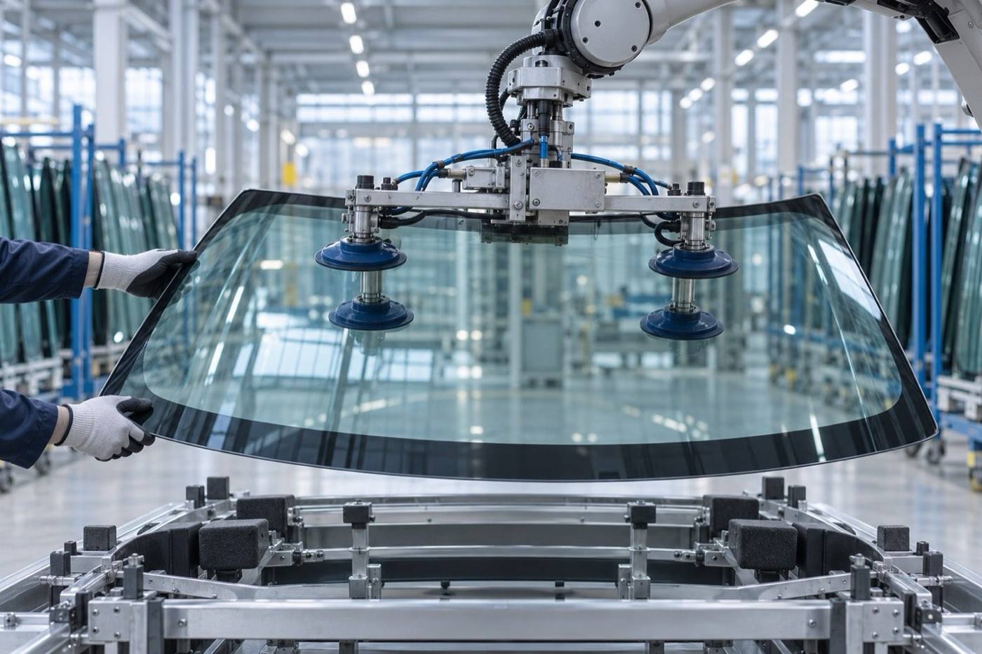 A robotic arm moving a large sheet of flat glass along a conveyor in a bright glass plant.