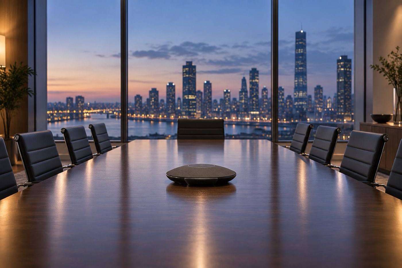 An empty boardroom at dusk, a conference speakerphone on the table and a city skyline beyond the glass.