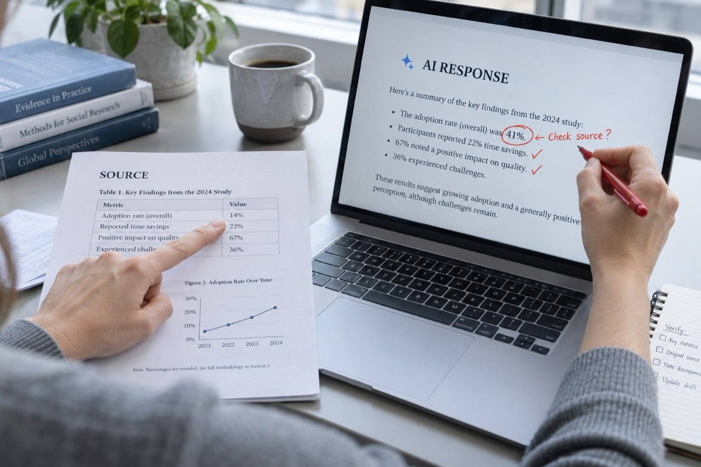 A hand annotating a printed AI response beside a laptop, marking a claim to check.