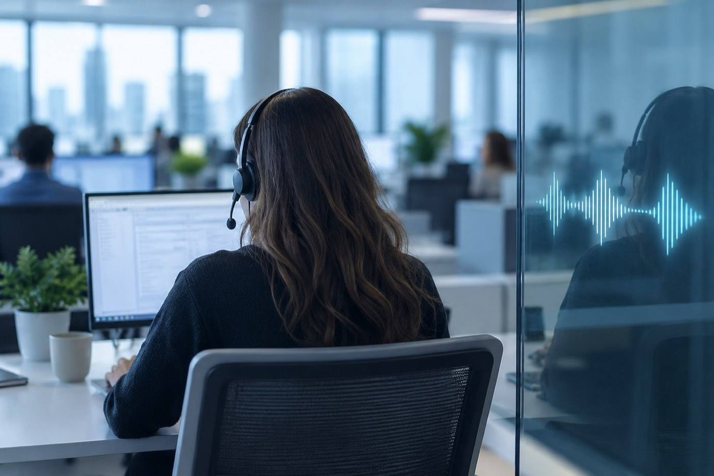 A humanoid AI head in profile beside a woman wearing a call-centre headset, a speech waveform between them.