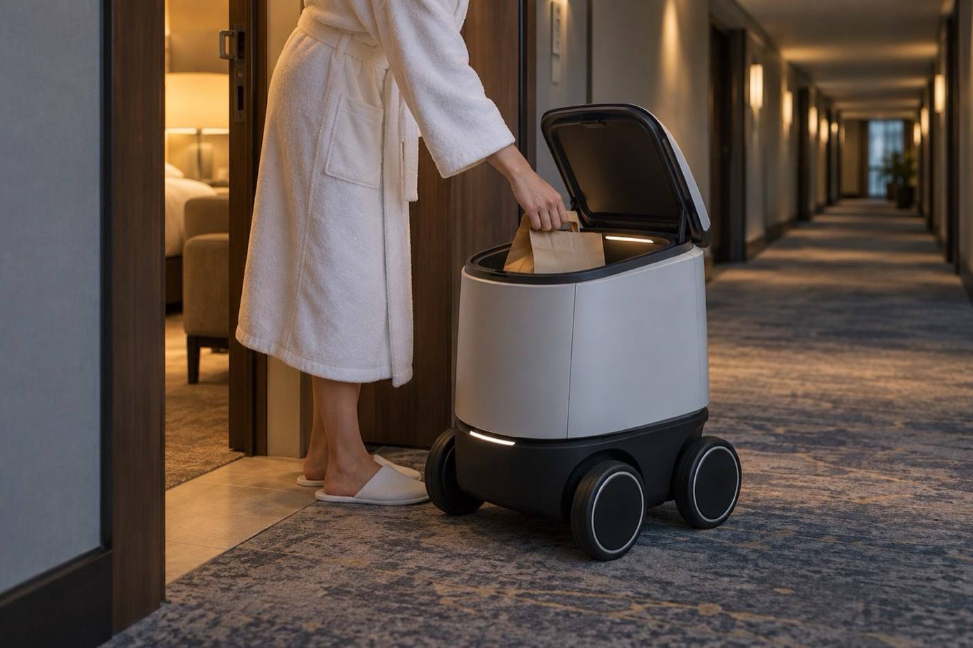 A hotel guest in a white robe reaching into the open lid of a delivery robot in a carpeted corridor.
