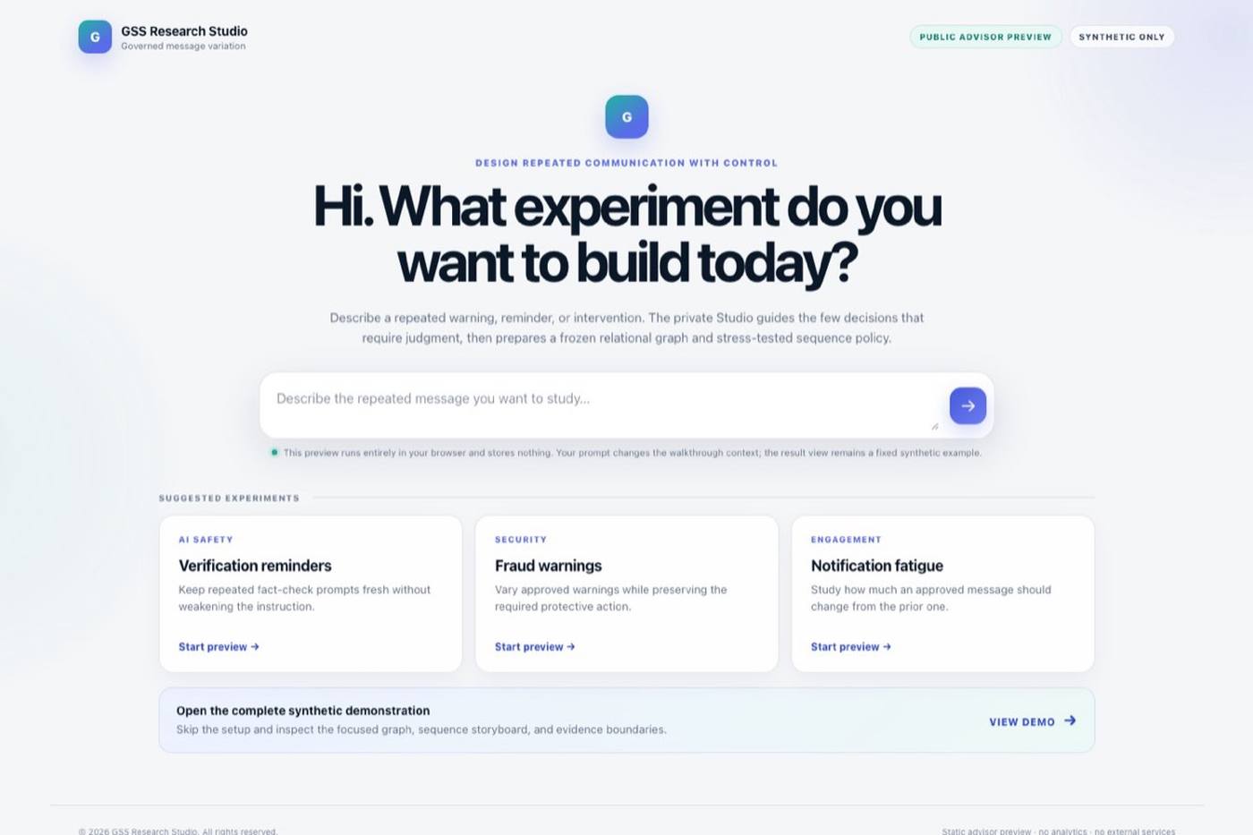 The GSS Research Studio public preview, asking what repeated-message experiment to build.