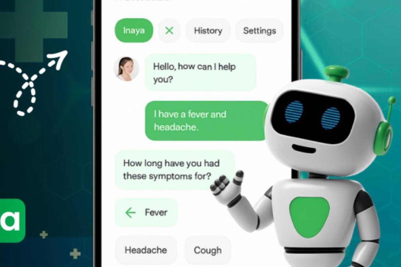 A phone showing a healthcare chatbot triaging a patient&rsquo;s symptoms, with a robot mascot beside it.